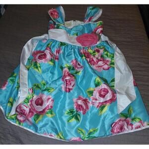 Girls Floral Dress Size 6/6X Blue Pink Roses Bow Sleeveless Party Dress